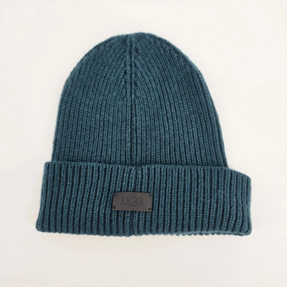UGG Australia Beanie Hat Mens OS Teal Blue Ribbed Knit Cuffed Logo Patch Winter